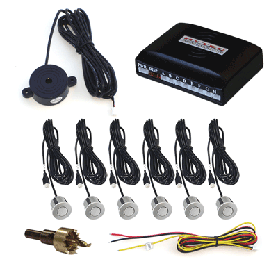 Front and Rear Parking Sensor System with 6 Silver Sensors and Audible Alert Only (No Display)