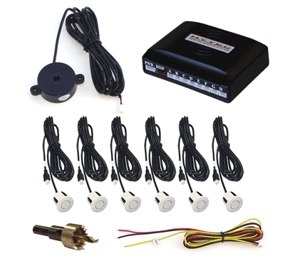 Front and Rear Parking Sensor System with 6 White Sensors and Audible Alert Only (No Display)