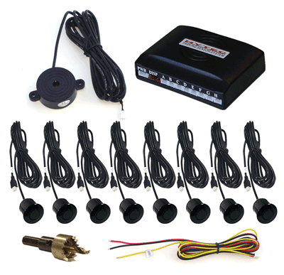 Front and Rear Parking Sensor System with 8 Black Sensors and Audible Alert Only (No Display)