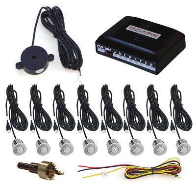 Front and Rear Parking Sensor System with 8 Silver Sensors and Audible Alert Only (No Display)