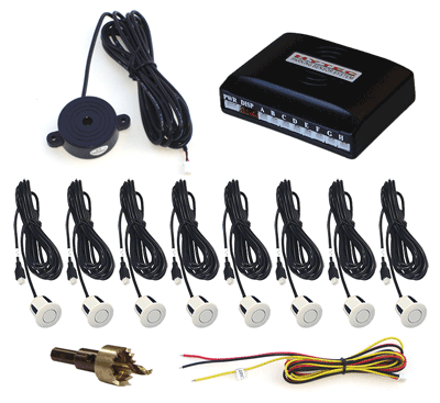Front and Rear Parking Sensor System with 8 White Sensors and Audible Alert Only (No Display)
