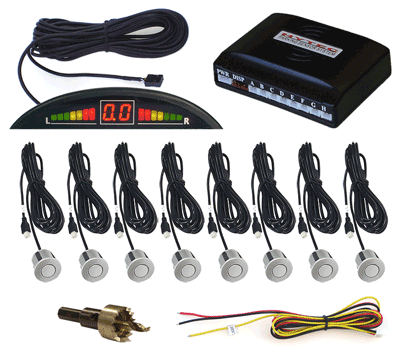 Front and Rear Parking Sensor System with 8 Silver Sensors and LED display with Built-in Audible Alert